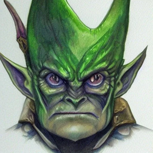 dungeons and dragons, fantasy, goblin, king, green skin, watercolour, large strokes, distinct face, portrait, head, crude crown