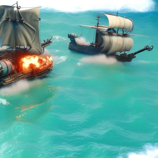 Two pirate ships fight each other at sea. Firing cannons. One ship is hit and burns after being hit.