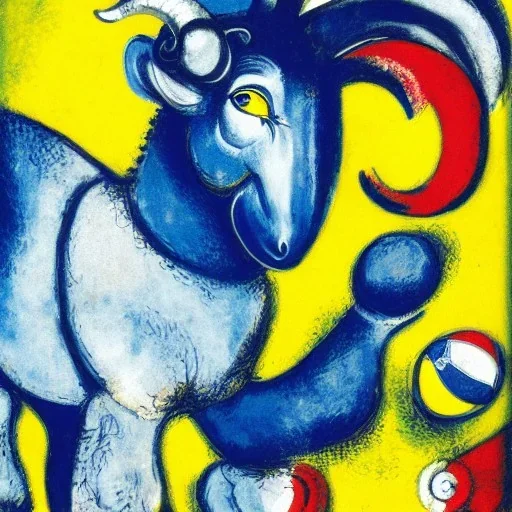 Marc Chagall style illustration of blue and yellow Bighorn Ram holding a football