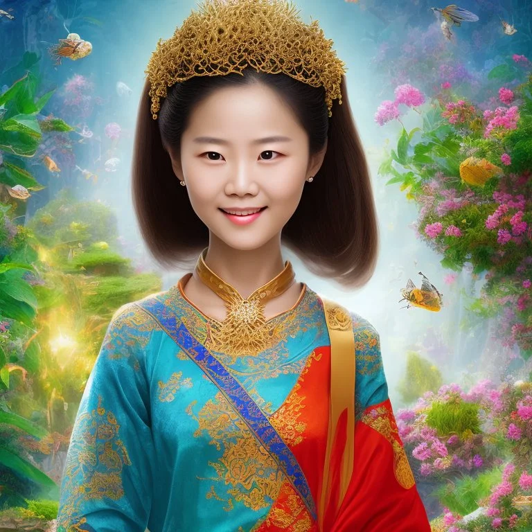 [s_346647903]-[gs_7]-[is_30]-bust of chinese girl hobbit, smiling, happy, symmetrical eyes, soft light, durian, bananas, insects, lamp, soft light, RTX, style Léon Frédéric