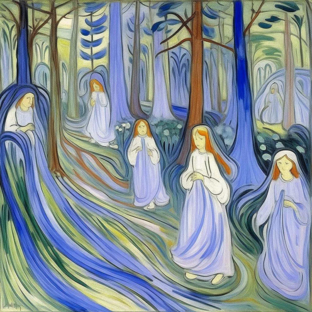 A lavender colored enchanted woods filled with fairies painted by Edvard Munch