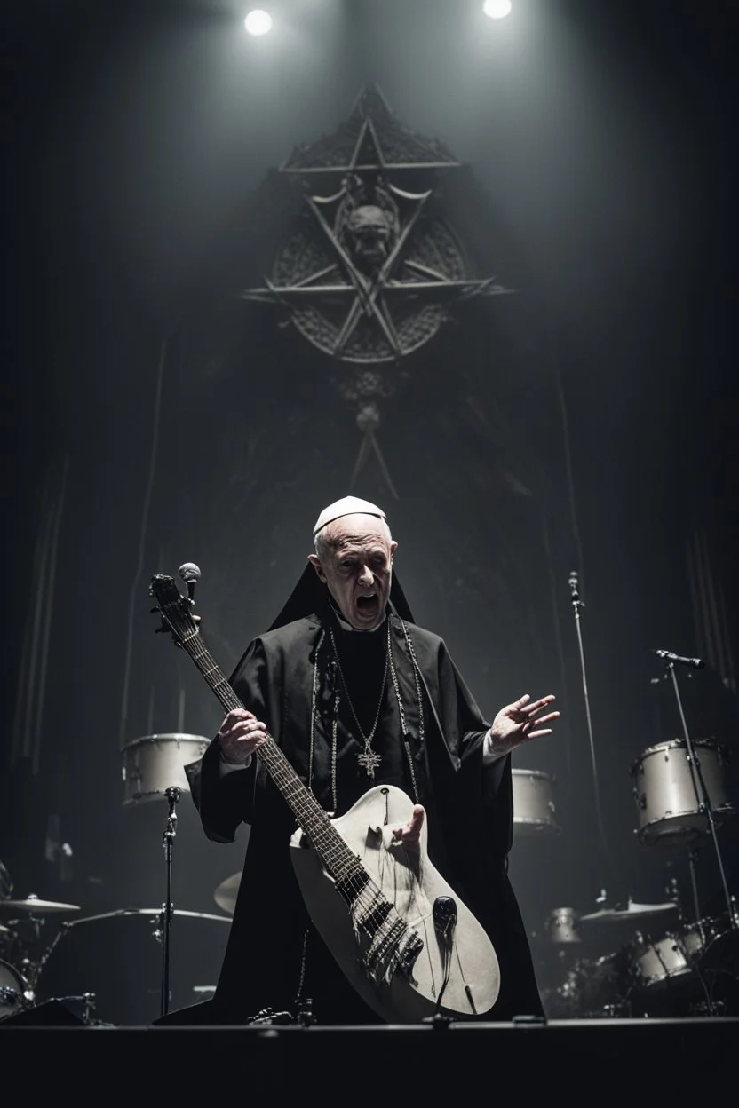 papež hraje na pódiu v blackmetalové kapale na baskytaru, biskup hraje na bicí, kardinál na elektrickou kytaru a řve do mikrofonu, ponurá atmosféra, veliká scéna koncertu, pentagram, obrácený kříž, veliký kontrast, hodně detailů, fotorealistické, RAW