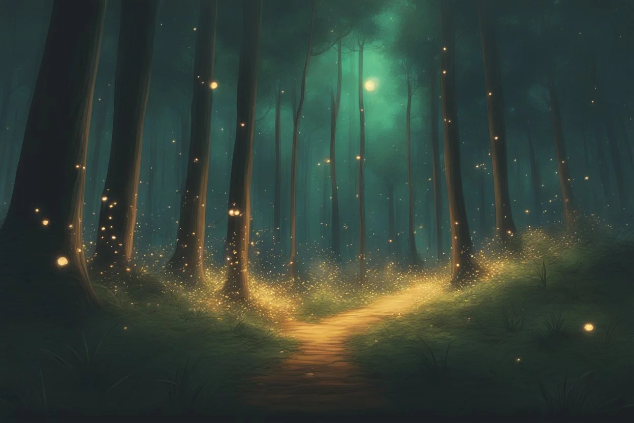 anime image of a mystical forest with glowing fireflies, in an anime style of Studio Ghibli, from a low-angle perspective with soft, golden-hour