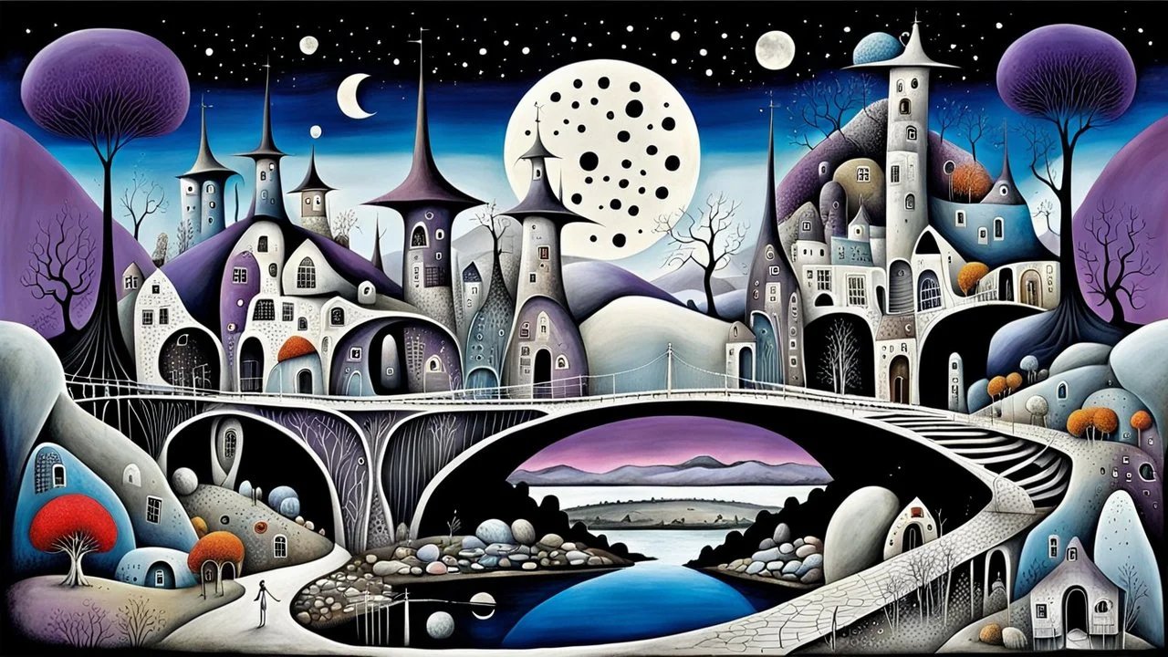 whimsical weird houses stand in village in weird whimsical landscape with long two bridges, surreal vibe with abstractions, around surreal cracked painted weird land with rocks, trees, two moon, deep dark purple, gray, black, white, brown pale blue colors. style of Chagall , of Minjae Lee and Tim Burton, absurd beauty picture. weird bizarre absurd, nightmare, big neuron network clouds background and thin bridges, too big, too elongated shapes, psychedelic dream