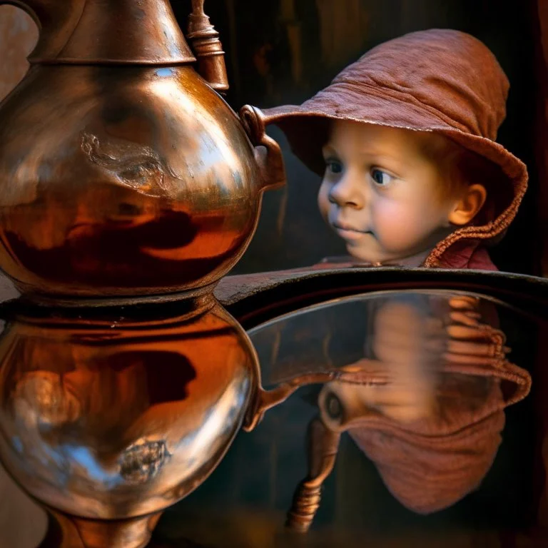 The reflection of a child on the surface of an old copper teapot