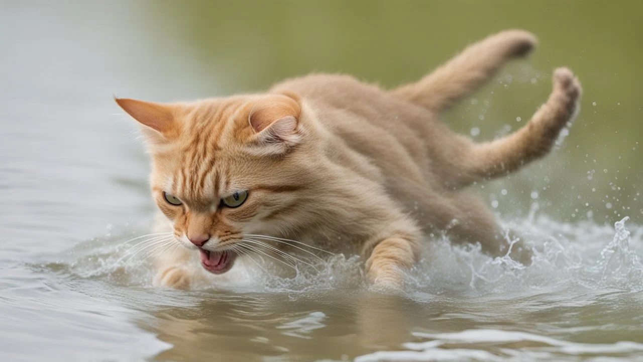 angry cat in the water playing with mouse