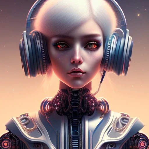 Extremely detailed and elaborate cyborg girl with big eyes white hair with headphones art by Ilya Kuvshinov with an intricate metal shield. Sci-fi futuristic fantasy realistic visually stunning deep colors colorful 4k 8k IMax CryEnginecyborg girl with big eyes white hair with headphones art by Ilya Kuvshinov