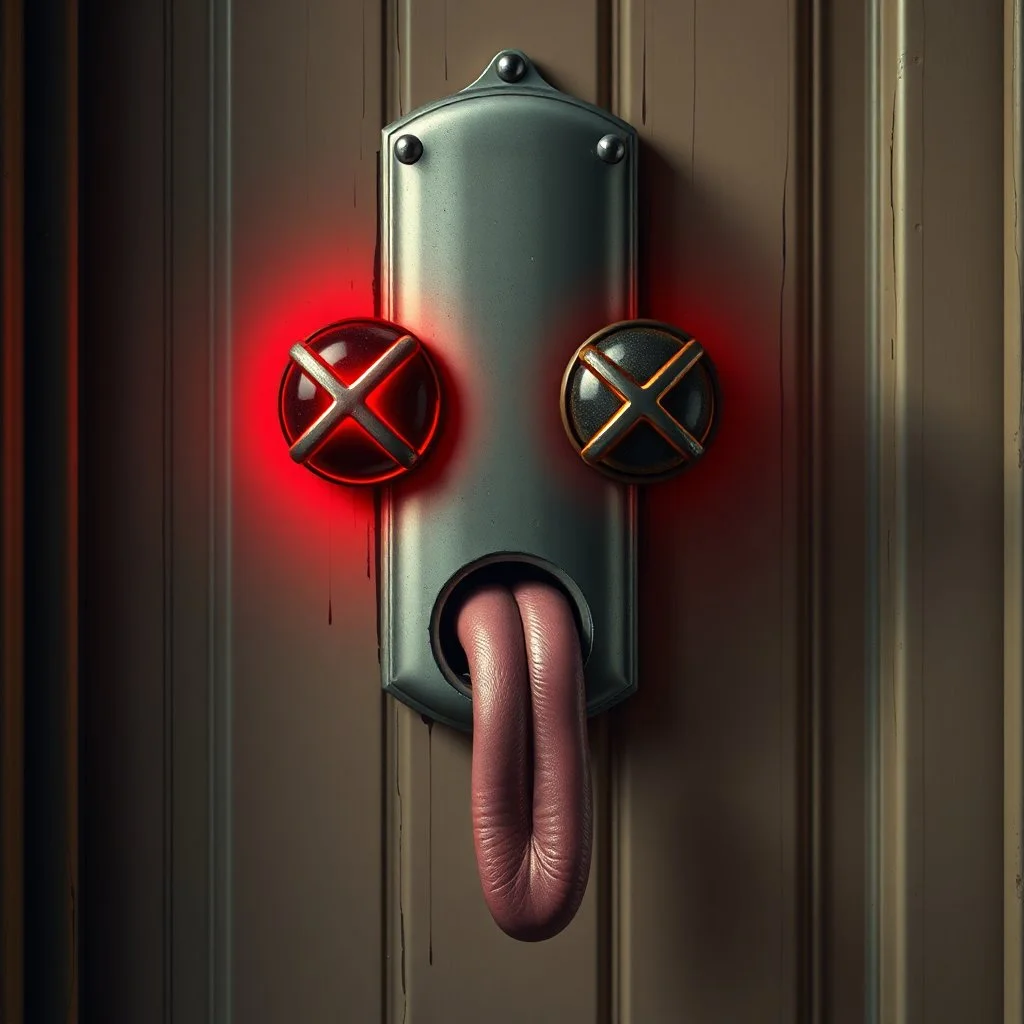 doorbell that has X's for eyes and a tongue hanging out, concept art, digital art, hyperrealistic