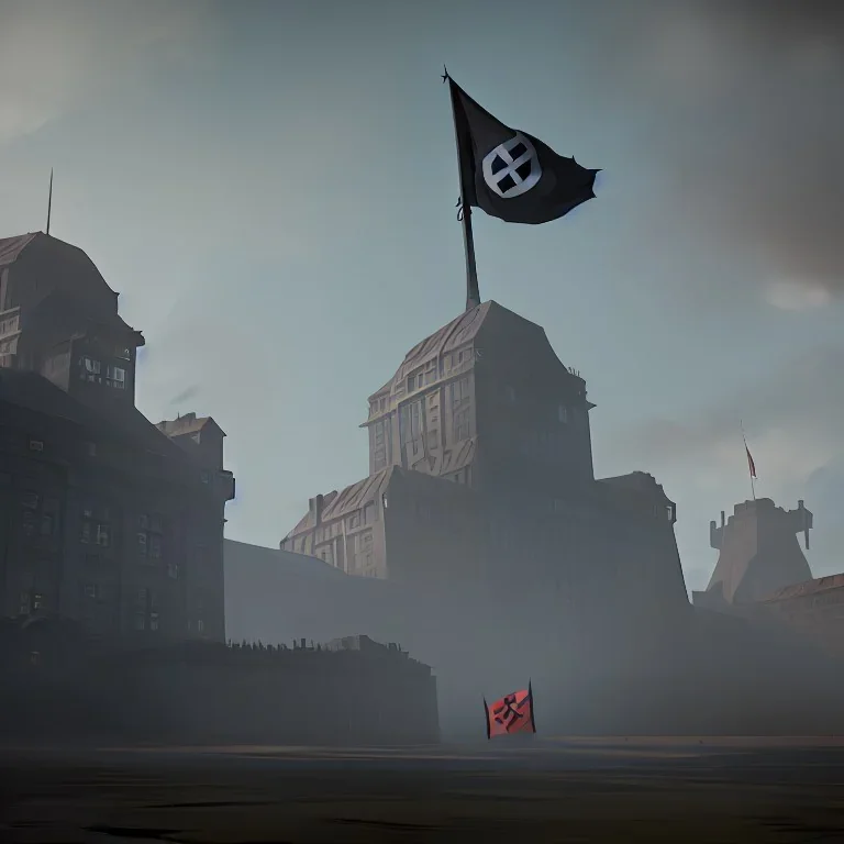 Nazi fortress with nazi party 卐 flag , ww2, plane in sky , realistic