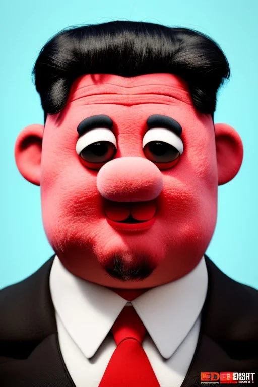 Waist up muppet Portrait, Kim Jong-un muppet doll, black suit, photo studio, red background, unreal engine 5, concept art, art station, god lights, ray tracing, RTX, lumen lighting, ultra detail, volumetric lighting, 3d.