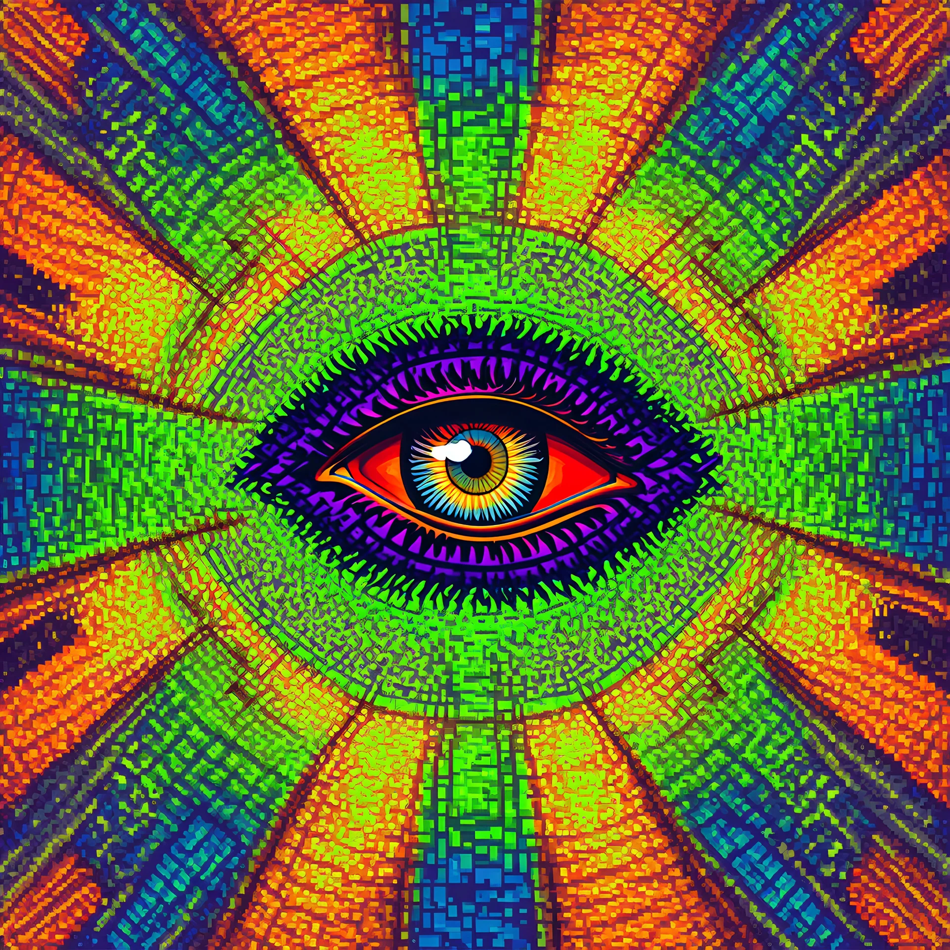 make a magical psychedelic background with the all seeing eye with the current color grid: orange, green, purple and blue