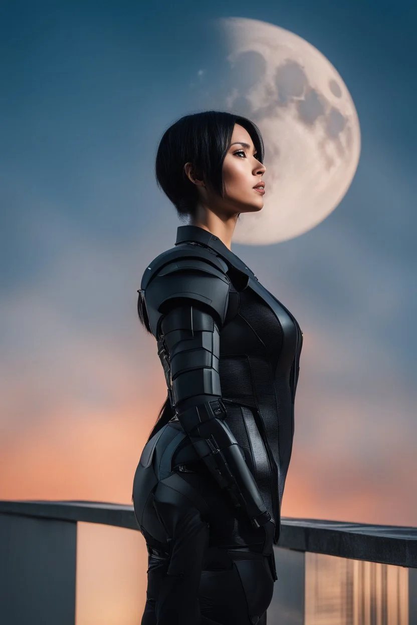 Photo Of A slim Woman With Black Hair, Wearing an android-looking suit, standing sideways On a ledge of a building, with a waning moon Behind Her Head, sunset