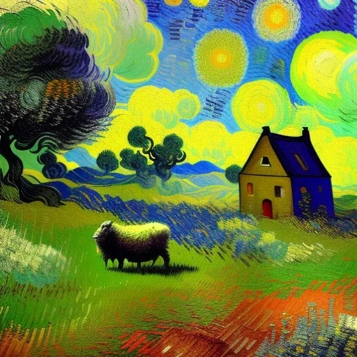 Dibujo al oleo de una pradera con una casa y unas ovejas con muchas nubes de colores estilo Vincent van Gogh