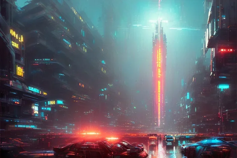 Art by John Berkey and John Harris and Craig Mullins, futuristic cyberpunk city, high rise, smooth, sharp focus, hyper detailed, digital painting, elegant, centered, detailed, neon signs, volumetric lightning, brutalist architecture, 8k, crowded