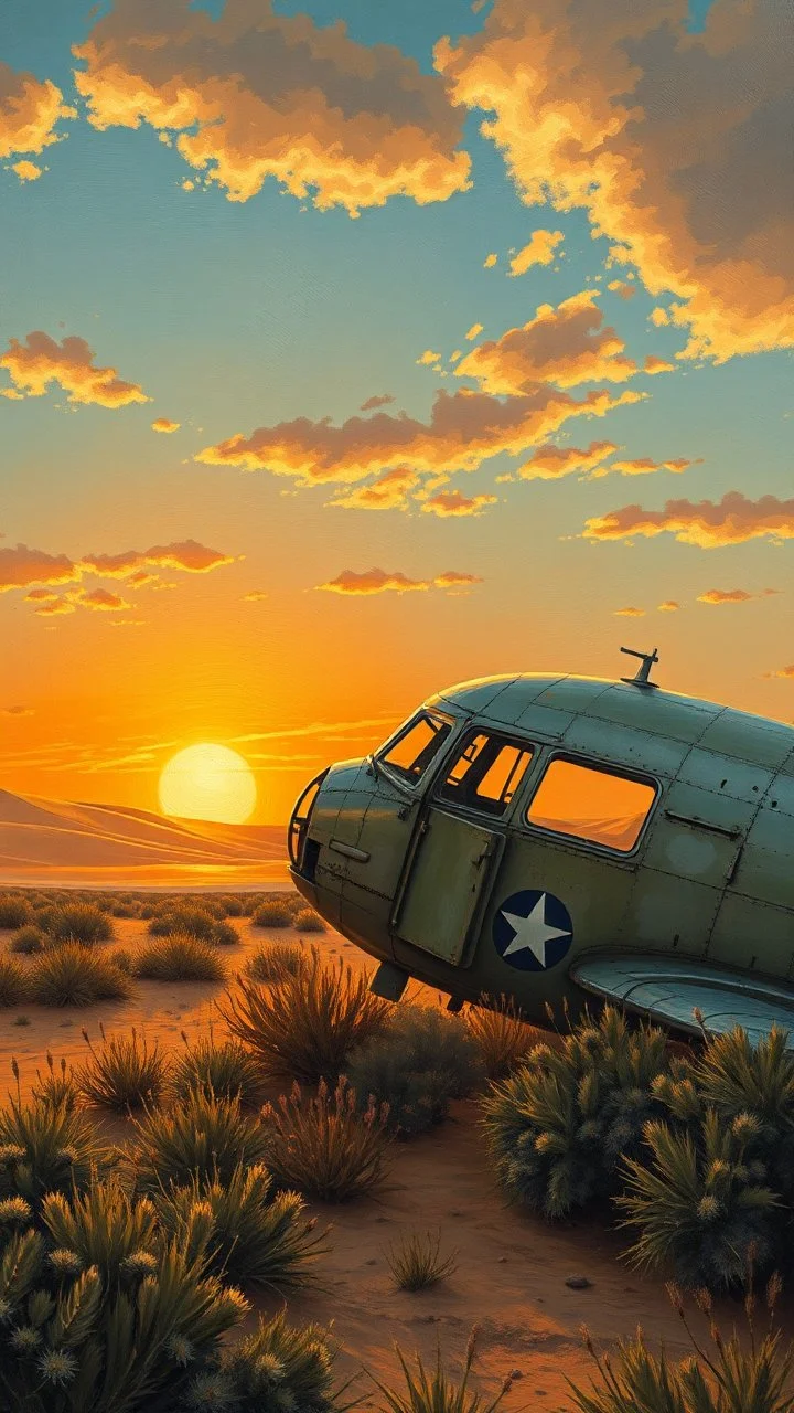 A side view of a1950 military 2 engines airplane with broken glass and doors in front of crashed in realistic desert sunset with sand dunes , in a forgotten battlefield over run by vegetation, cutesy tiktok detailed oil painting, grainy, old style