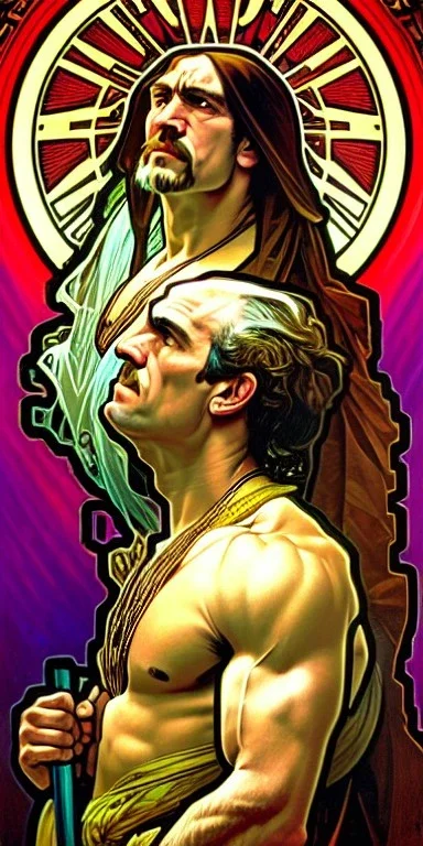 macho fine art portrait of we have seen better days in the style of Dan Mumford, Alphonse Mucha, Pythagorean, hypersigil