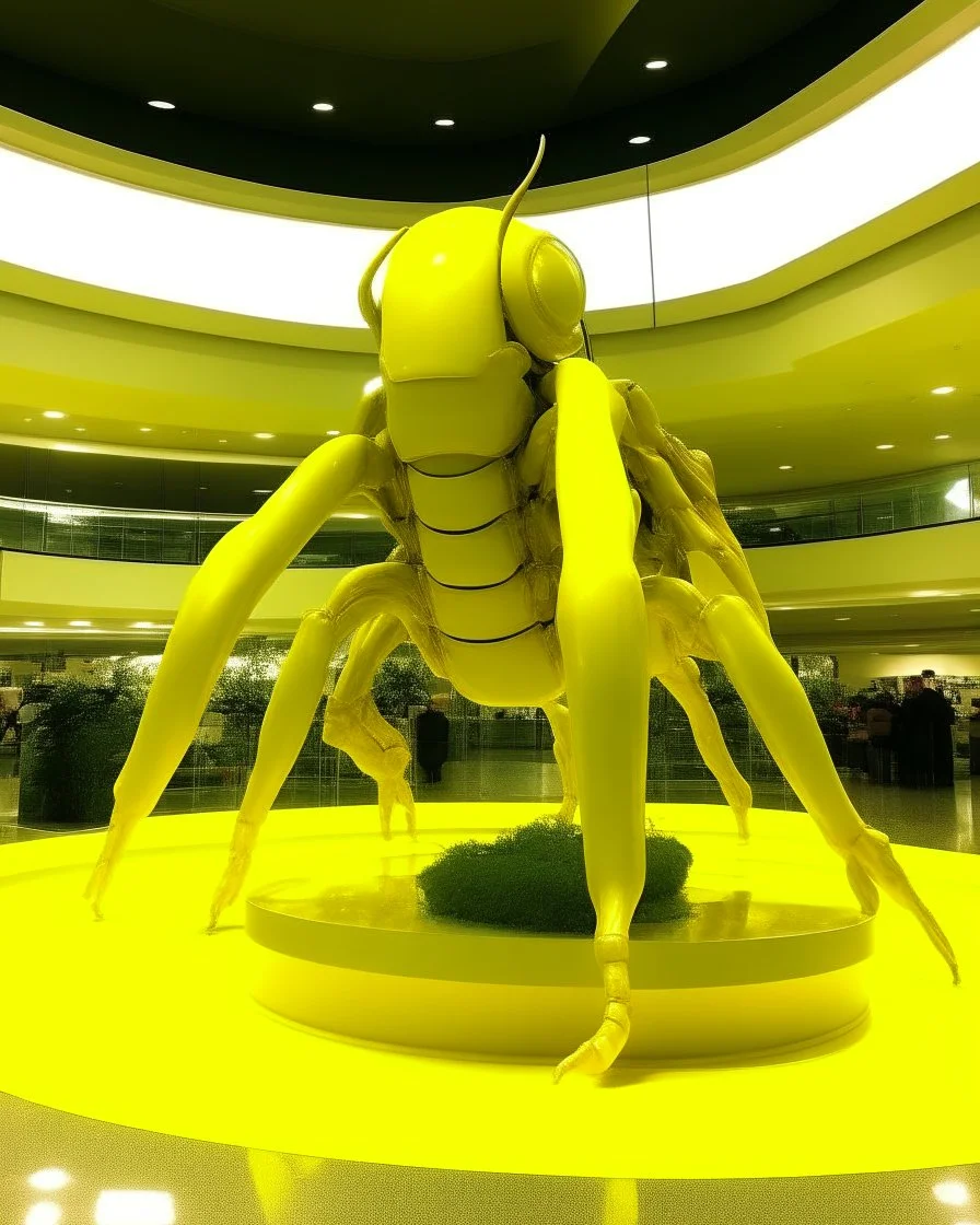 Distorted large yellow insectoid alien in a mall