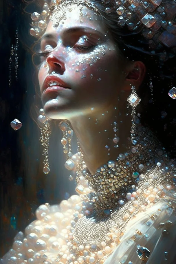 Lady covered in pearls and gems, a masterpiece by by Greg Rutkowski, beautiful spectacular textures, striking amazing light and shadows, remarkable dramatic setting, stunning unique reflections,