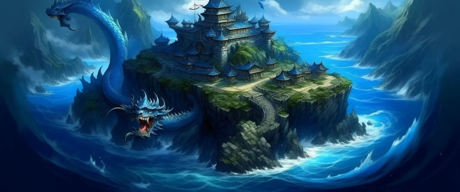 A dark blue island with a dragon palace painted by Zhang Lu