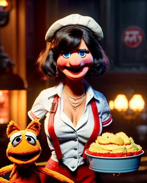 waitress woman with muppet mask that covers her entire head, retro style, Sesame Street style, smooth, unreal engine 5, god lights, ray tracing, RTX, lumen lighting, ultra detail, volumetric lighting, 3d.