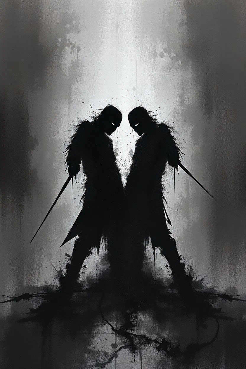 a distressing, abstract image of two shadows preparing to fight to the death