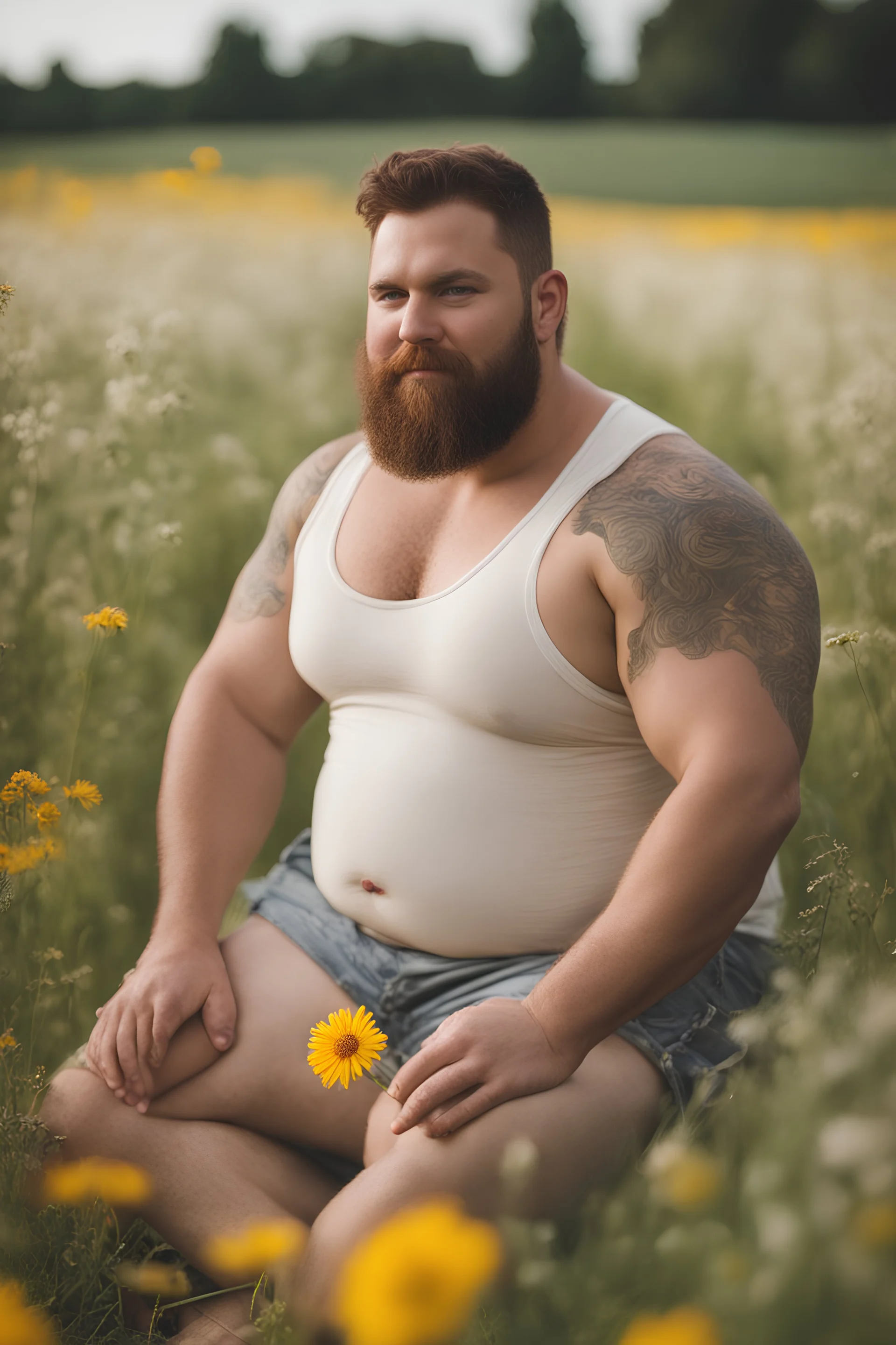 full figure photography, shy muscular big fat chubby, 35mm lens, burly italian man short hair, 27 years old sitting in the meadow with a flower in a hand, near a big farm , red short beard, , hairy armpits, manly armpits, ugly, manly chest, hairy chest, big shoulders, , big belly, manly chest, shirtless, with boxer, emotive eyes, photorealistic , dim side light, ambient occlusion, side view, poetic composition, golden ratio