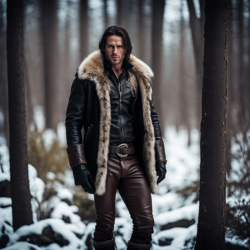 Handsome and muscular 30 year old mountain man wearing furry leather jacket, dark fantasy, snowy forest