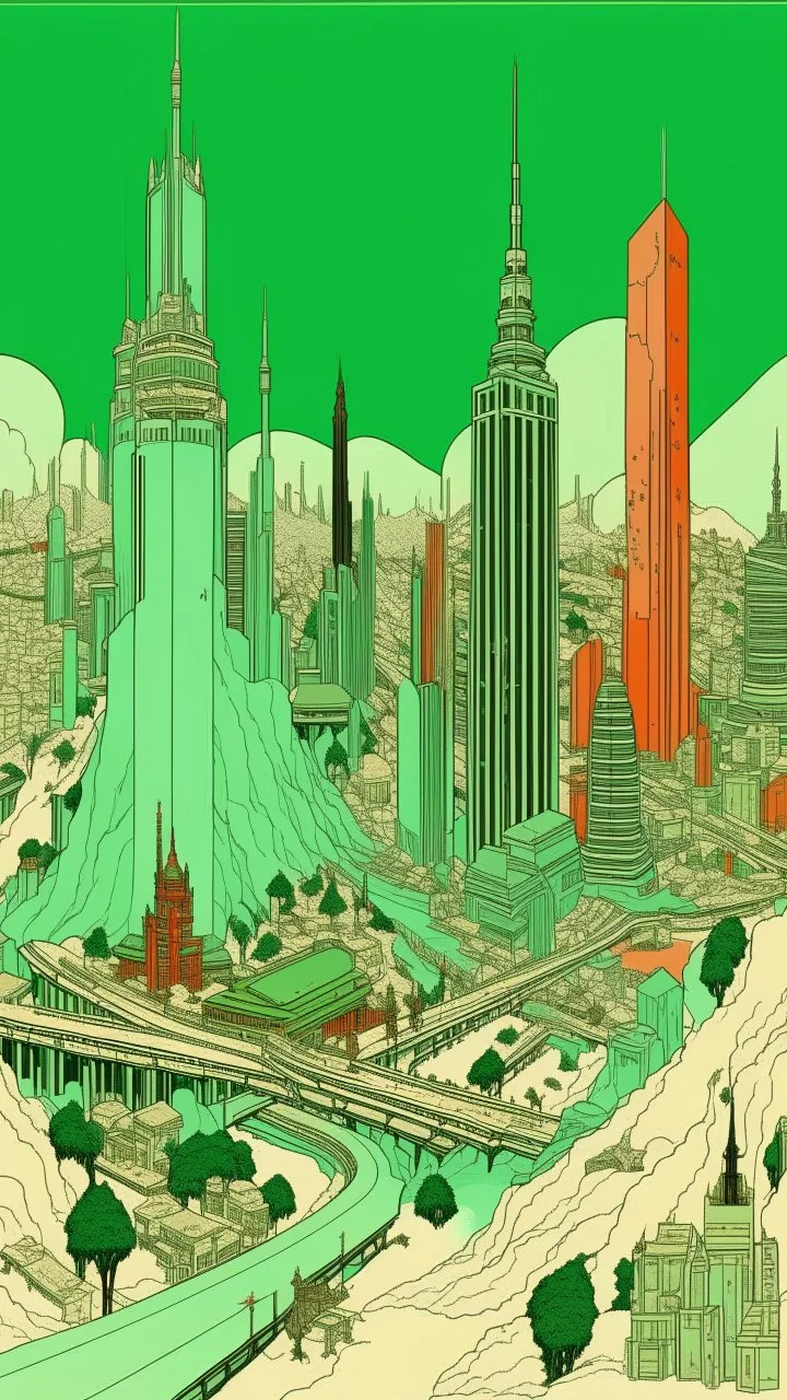A mint colored noisy metropolis painted by Katsushika Hokusai