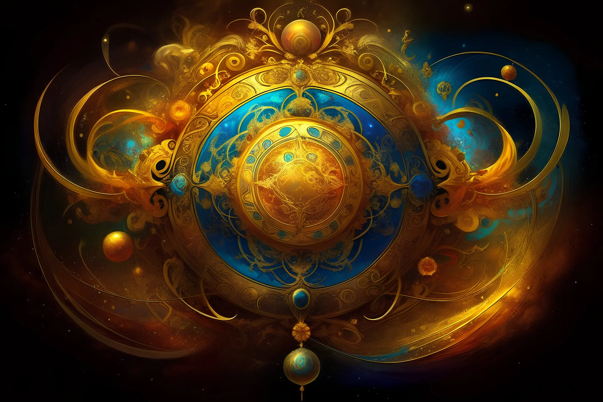 A digital painting with vibrant colors and a mystical atmosphere portrays the concept of the "Universal Law." It features bold and gold calligraphy on a parchment, with intricate cosmic symbols and celestial bodies surrounding it. The artwork evokes a surreal and spiritual essence, encompassing ancient wisdom and symbolic elements. It is a high-resolution piece that has gained popularity on Behance.