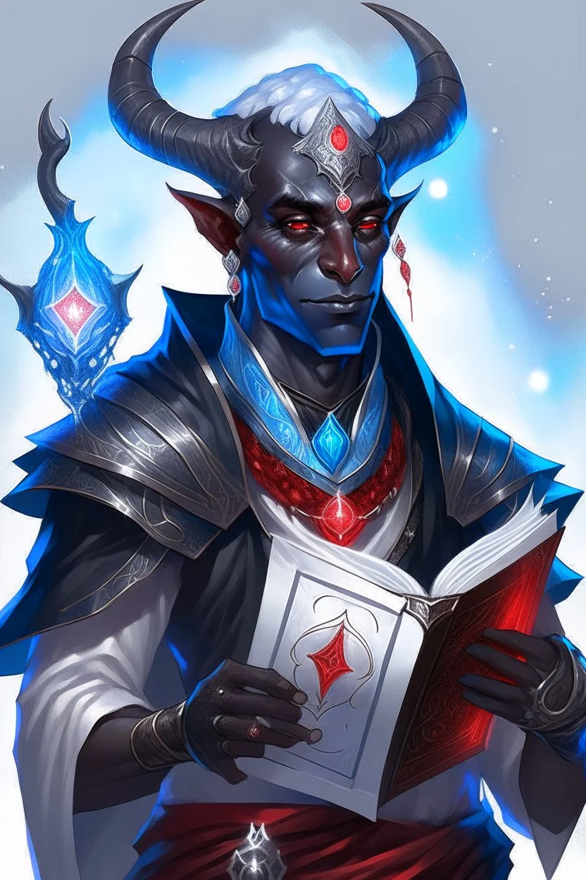 En Young male black skin tiefling fra dnd holding a book with Arcane Magic in a silver and White Rope. His horn a perfectly place on acet from the front to the back pointing upwards with glowing Red cat Eyes glowing Blue Arcane Magic around them ice crystals flowing around him. His close is elegant get simple. A black cat with red eyes Sitting on his Shoulder