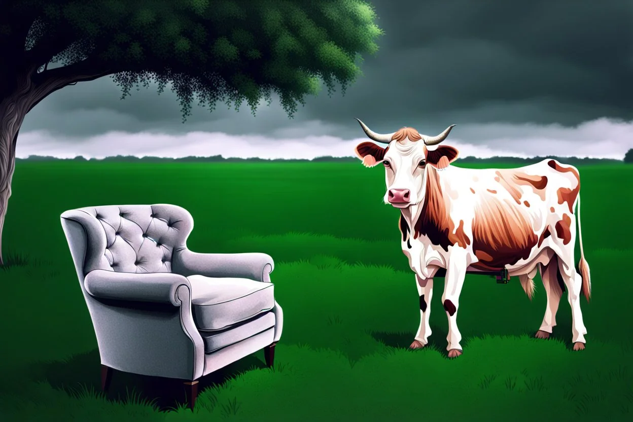 A cow sitting on an armchair in large dark green field , soft colors. Photorealistic