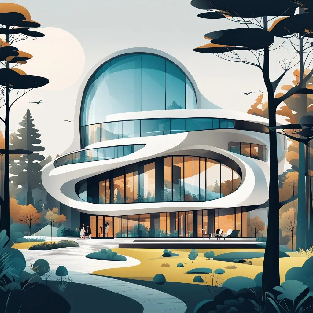 Vector illustration of a modern, neo-futufist country house with innovative shapes and curves. Concrete and glass materials. Trees, people