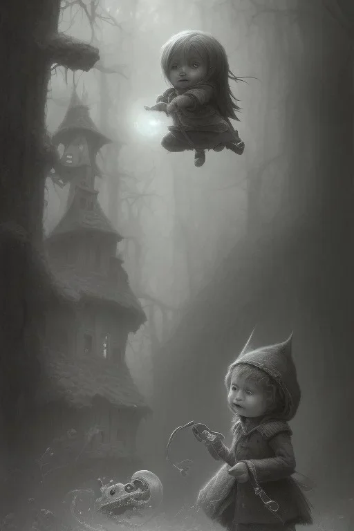 cute girl and litlle monster, Style John Kenn Mortensen,
