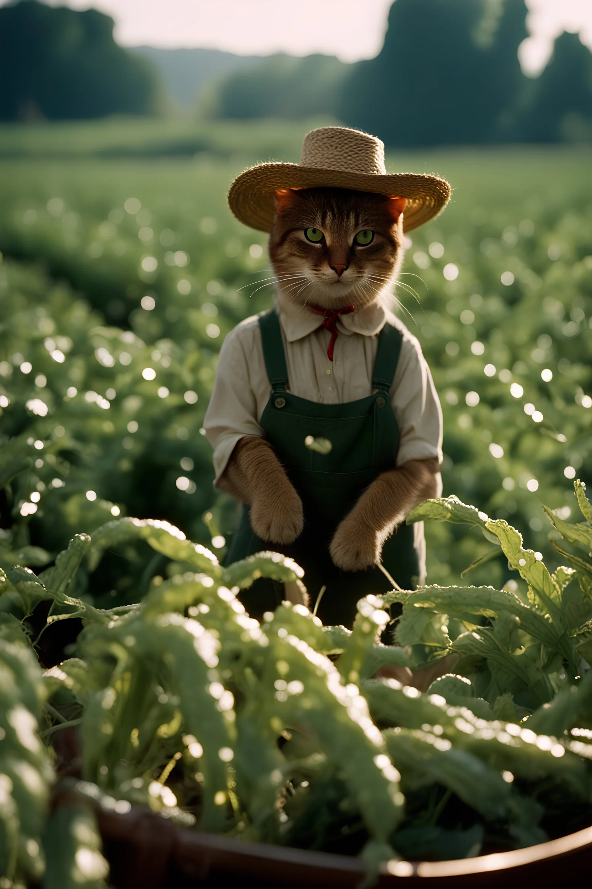 Portrait photo of an anthropomorphic farmer cat harvesting crop, morning sun and dew, model style, Fuji Velvia 50 film