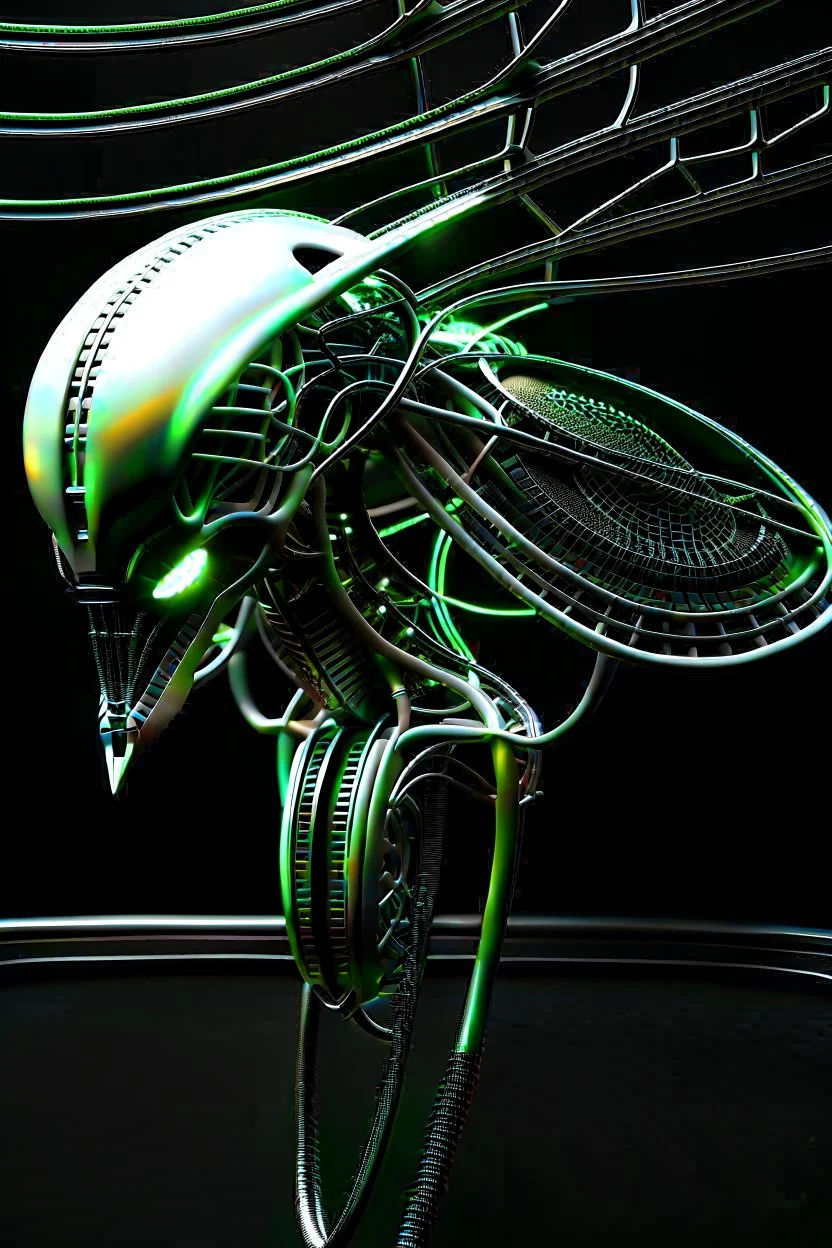 Cyborg symbiote, white color, green color, tendrils, high tech, cyberpunk, biopunk, membrane wings, carbon fiber