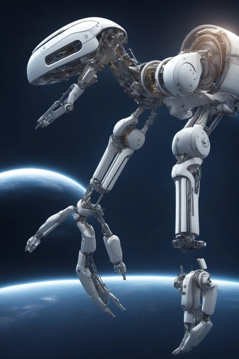 In a sci-fi starry sky background, a slender space flexible robotic arm with flexible joint is located on the satellite.The images have high resolution.