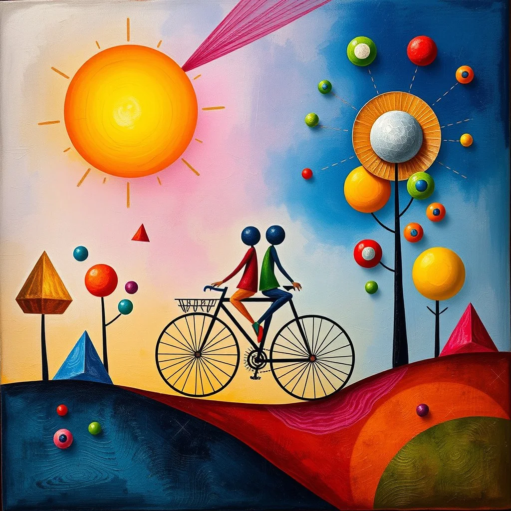 create a whimsical surreal artwork in the style of Joan Miró, symbolic non-human geometric figures on a bicycle, surrounded by floating abstract shapes, colorful triangles as trees, circles like cosmic symbols, a segmented sun dominating the sky, dreamlike vibrant palette with playful textures --ar 16:9 --v 7 --style 4b --q 2