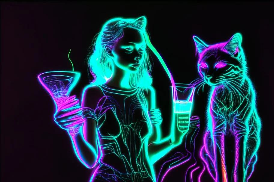 black background, outlines of a holographic girl with a cocktail and cats drawn from thin neon-coloured glowing lines