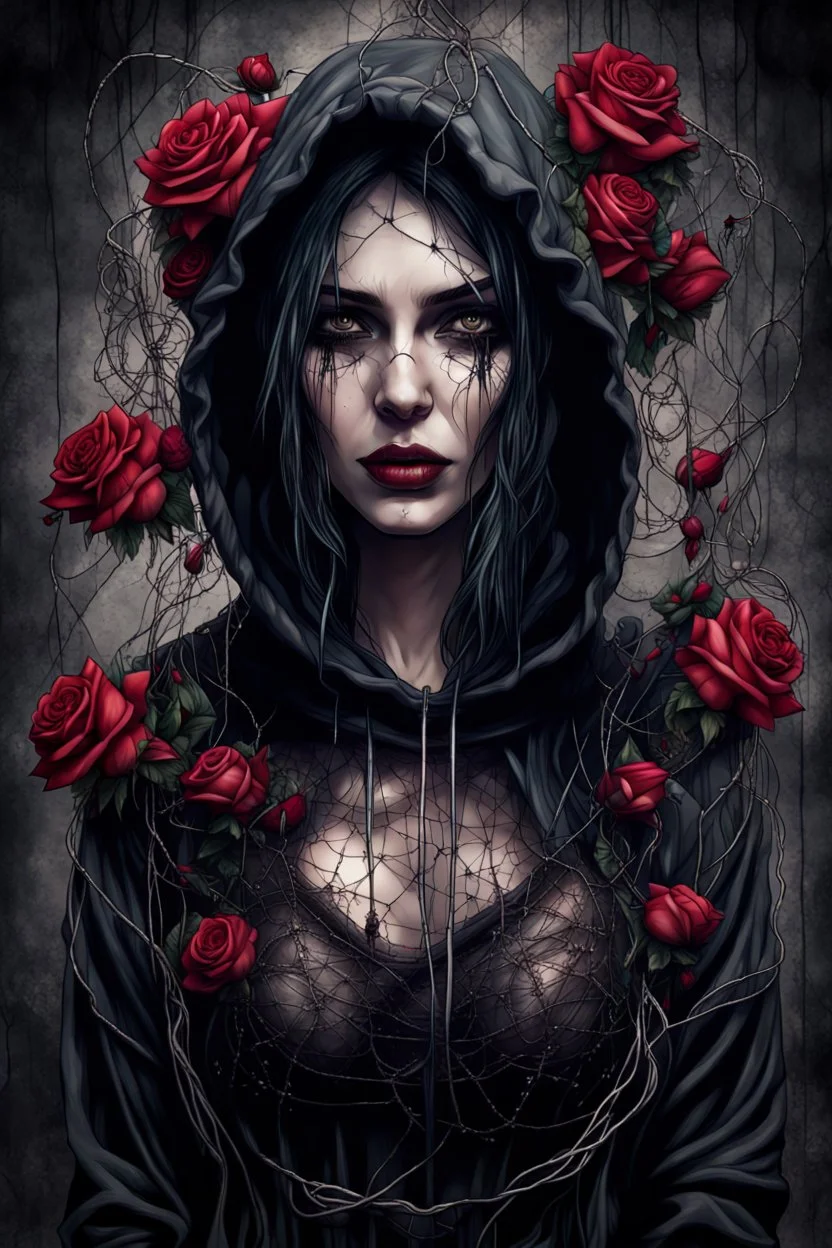 a beautiful and mysterious gothic woman entangled in wire and roses, hoody, dark and gothic lighting, ultra realistic and highly detailed, explosive background, epic, striking messy art style, cracked sealant surface and heavy textures , extremely beautiful