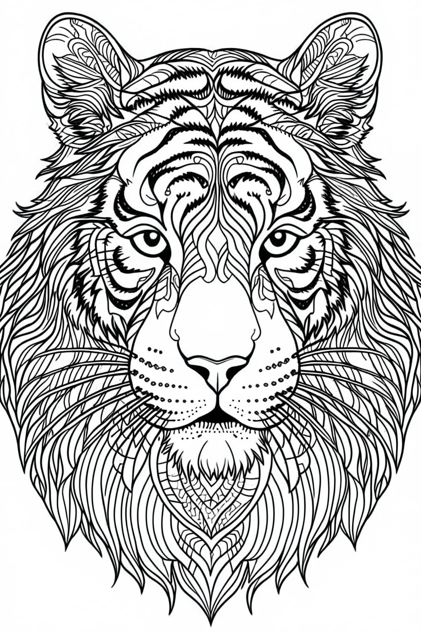 outline art for an Adult coloring page, Sketch style, only use outline< Block print style Tiger, clean line art, white background, no shadows and clear and well