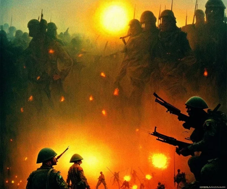 vietnam war. war. napalm. bokeh. lens flare. warm lights. high detailed. beksinski