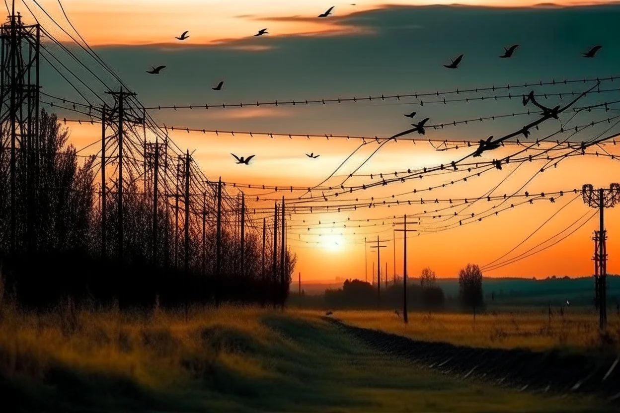 Spikeless power lines in the middle of nature and birds flying in the sky, real and current photography, 16K, photojournalism, sunset