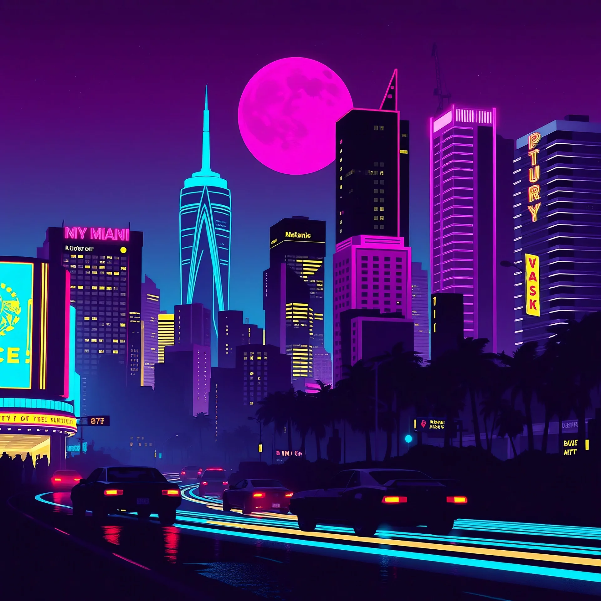 city silhuette, cyberpunk, 80s, retro. miami vice