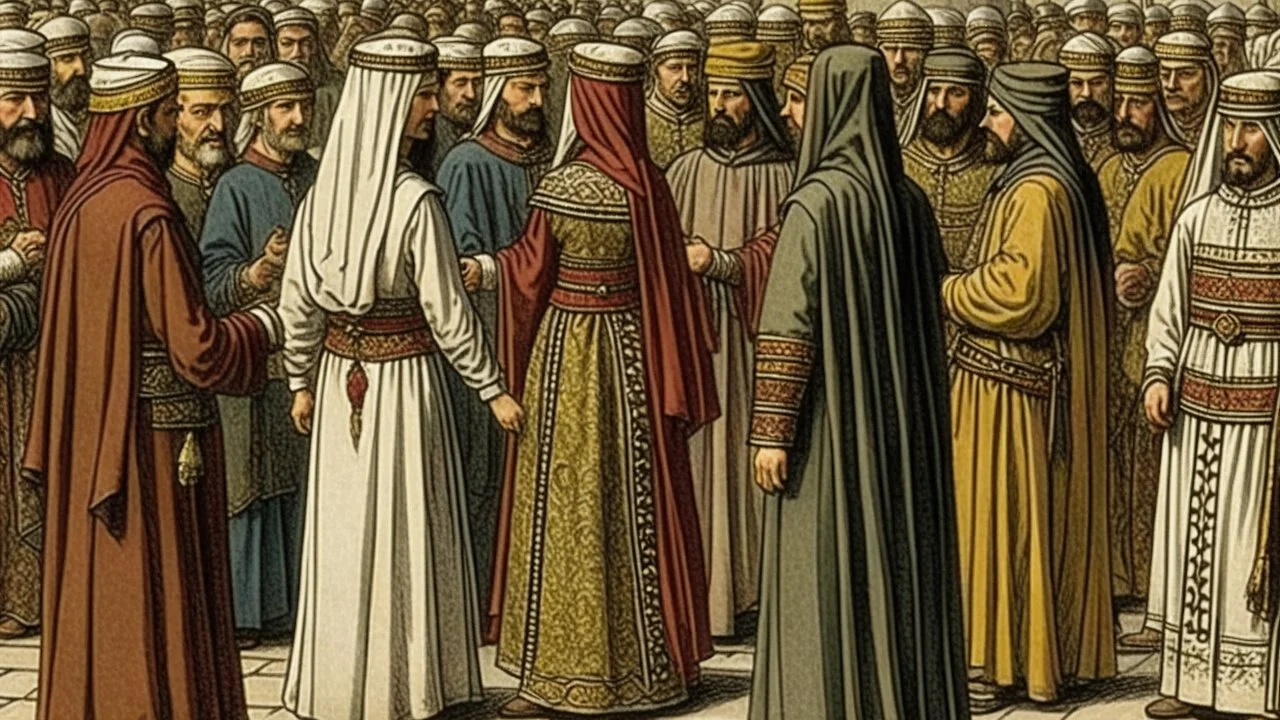 Rear view in 1490 of Andalusian men and women gathered around a commander in ancient Arab dress