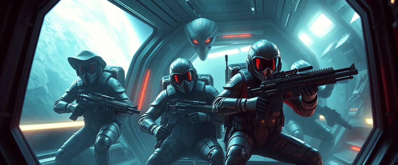 cowboy astronauts in a spaceship cyberpunk warhammer madness, alien hiding in the shadows, space alien lurker