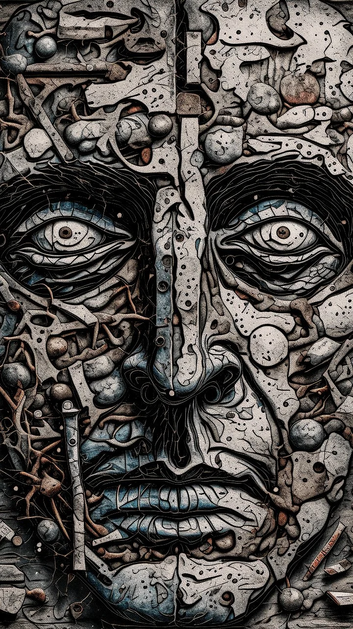 Bosch style painting , A balled face in details . The texture of the face is a collage of many 3D black random letters covering the whole face and the eyes are covered by caves figures