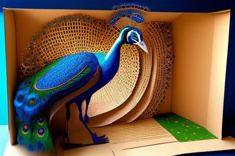 peacock scene made from torn cardboard boxes in sunshine