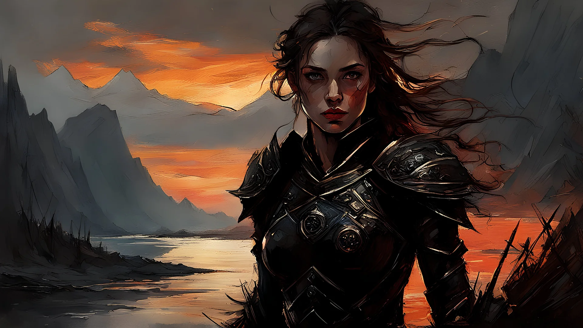 A formidable warrior girl in black armor, on the background Amazing gloomy landscape, flooded with sunset, mountains, trees, fabulous scary hero, , juicy emotions, painting, dark fantasy, gloomy day, dark world, portrait, by Alyssa Monks & Raymond Swanland & Anna Razumovskaya & Dmitry Kustanovich