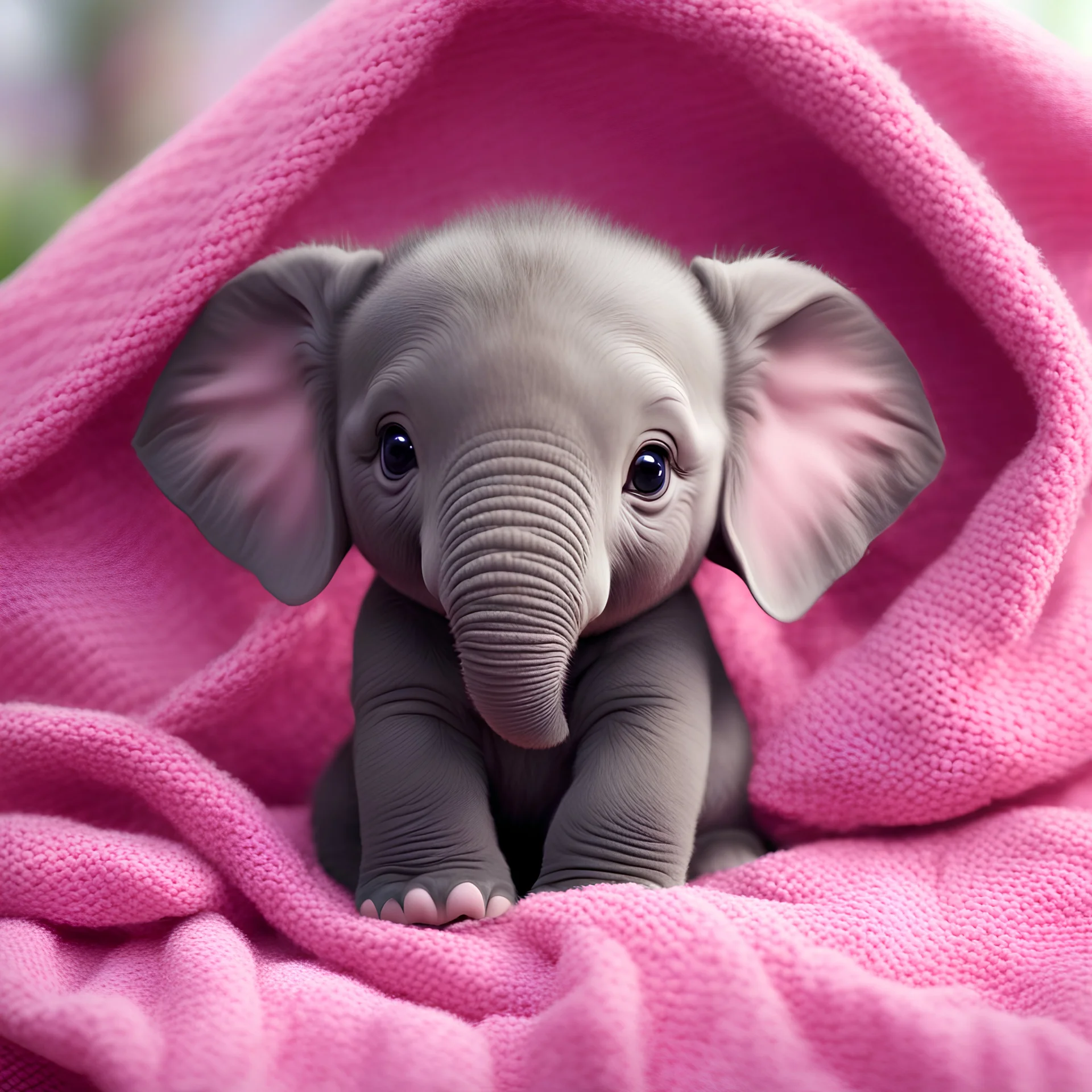 Extremely small, sweet baby elephant, sweetly drawn, in a pink cuddly blanket, chibi style Ultra HD, photo realistic, 8K