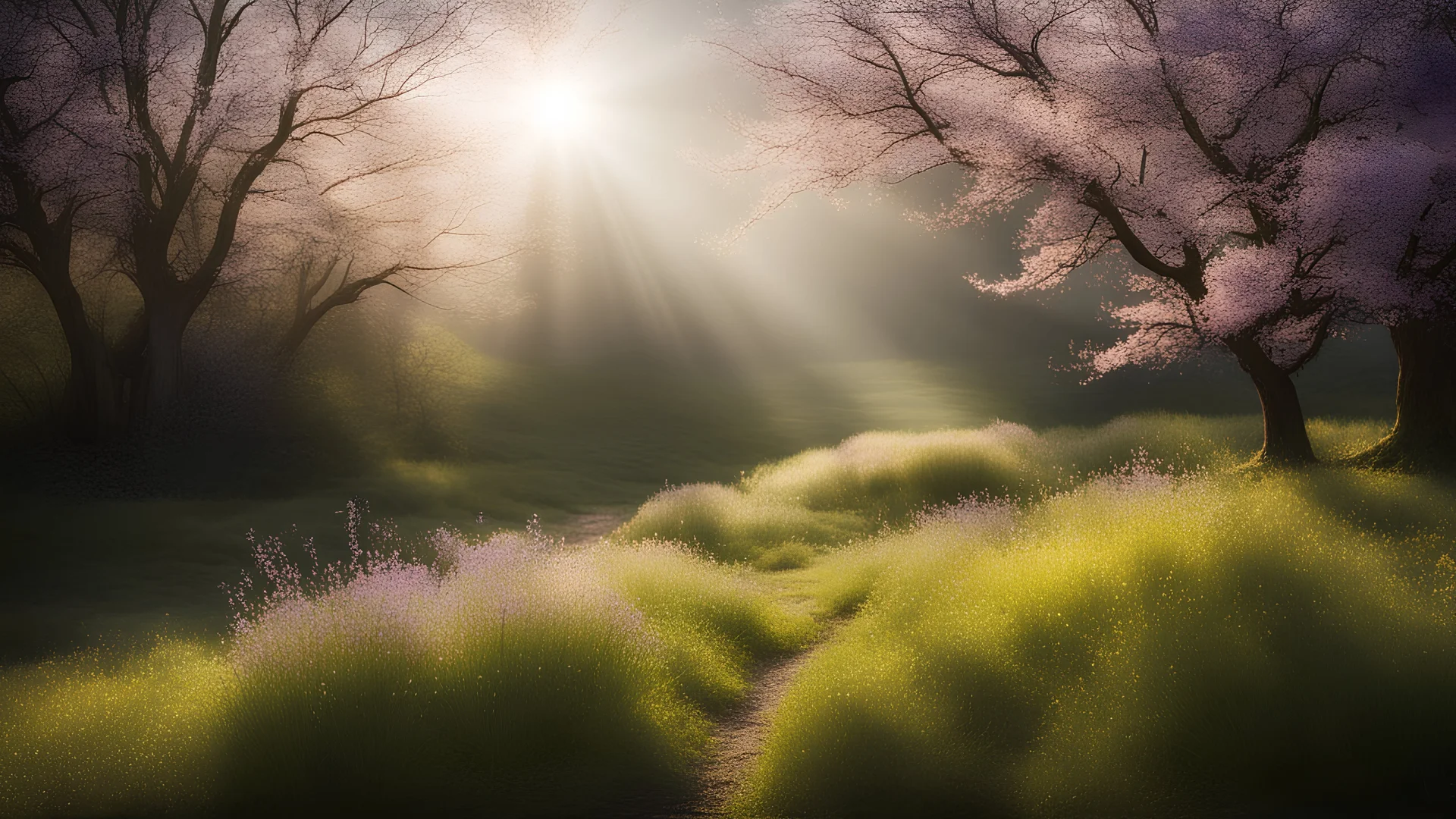 calm beauty, uplifting, inspiring, therapeutic, landscape, springtime, sunlight, chiaroscuro, color, award-winning colour photograph, Nikon 85mm